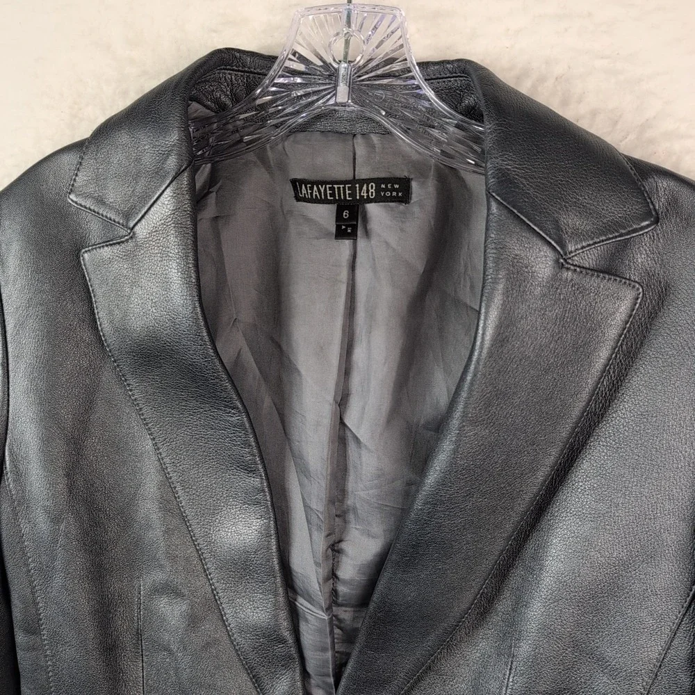 Lafayette 148 New York Leather Jacket Blazer Silver Size 6 Single Button Pockets